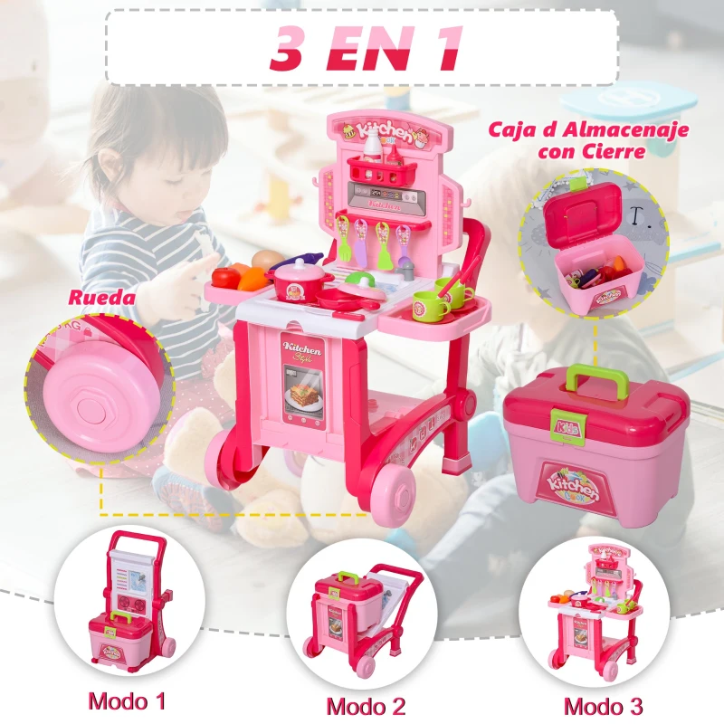 HOMCOM Juguete de Cocina Infantil Diseño 3 en 1 Cocina de Juego de Imitación Divertido para +3 Años con 42 Piezas 59,7x47x42,5 cm Rosa