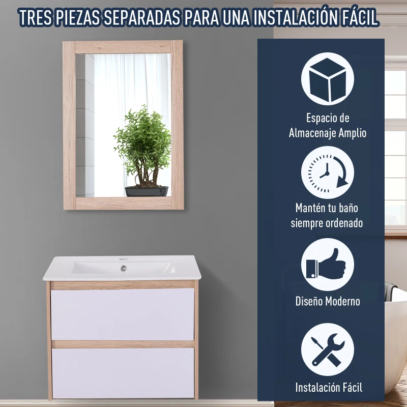 Conjunto Mueble de Baño Incluye Mueble Lavabo 2 Cajones Lavamanos de Cerámica Espejo a Juego Estilo Moderno Colgar a La Pared Color Roble Blanco Plateado Medida del Mueble  59x45x48cm