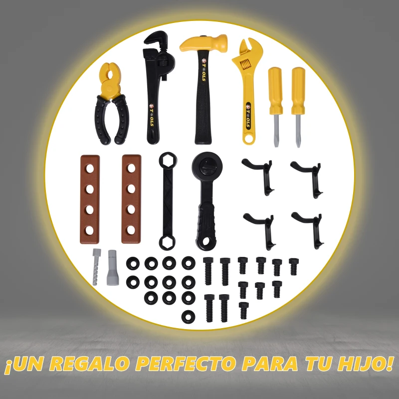 HOMCOM Banco de Herramientas Diseño 3 en 1 para Niños Mayores de 3 Años Juego de Imitación Infantil 60 Piezas 59,7x47x42,5 cm Amarillo y Negro