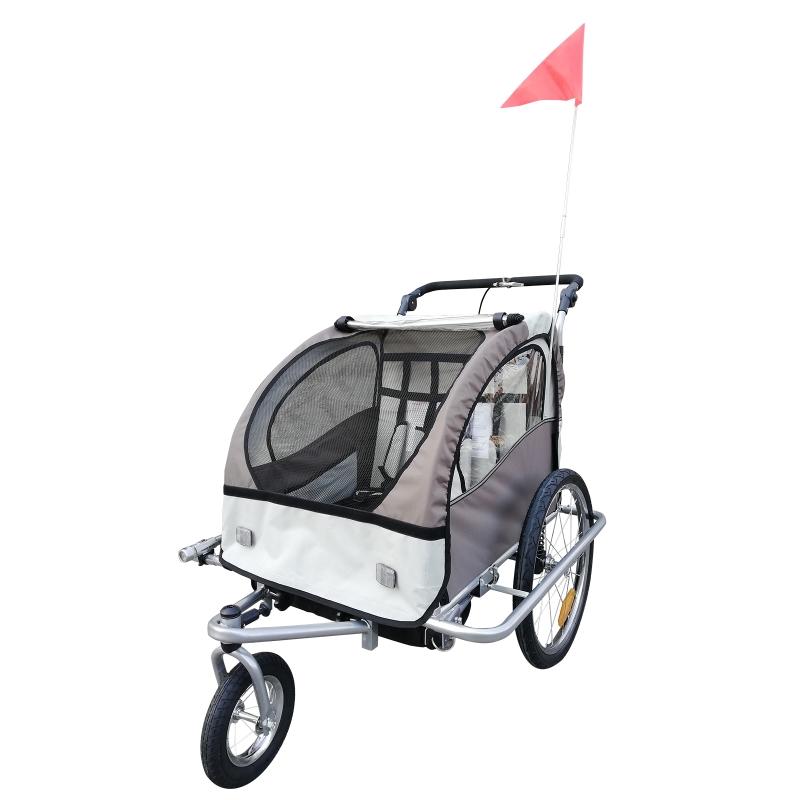 HOMCOM Remolque Infantil para Bicicleta 2 PLAZAS Rueda Giratoria 360 grados Amortiguadores BARRA INCLUIDA Kit Footing BEIGE