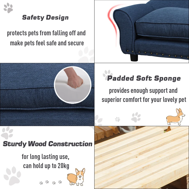 PawHut Stylish Linen Pet Sofa w/ Wood Frame Metal Studding Cushion Legs Dog Cat Blue