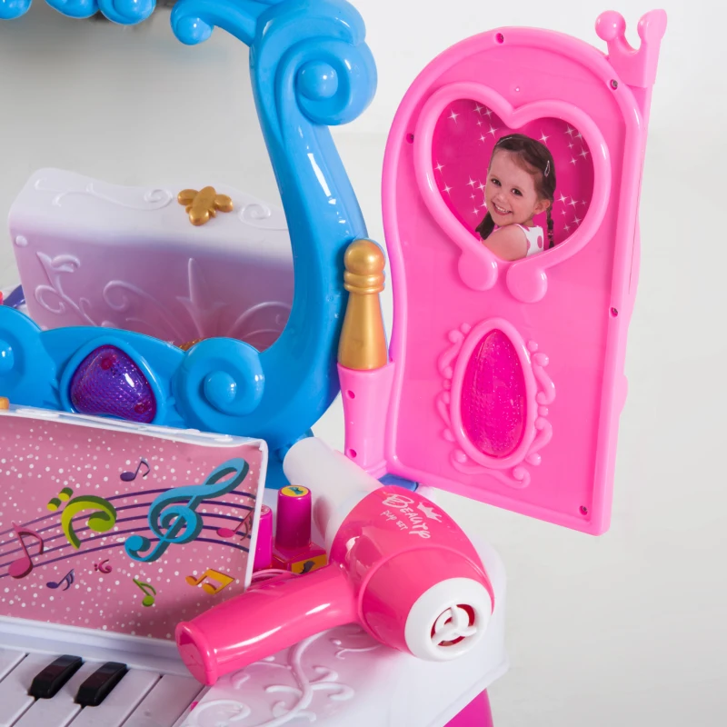 HOMCOM 2 EN 1 Mesita Tocador Infantil Juguete Piano con Taburete 15 Accesorios Espejo con Remoto Control Efecto Luz y Sonido