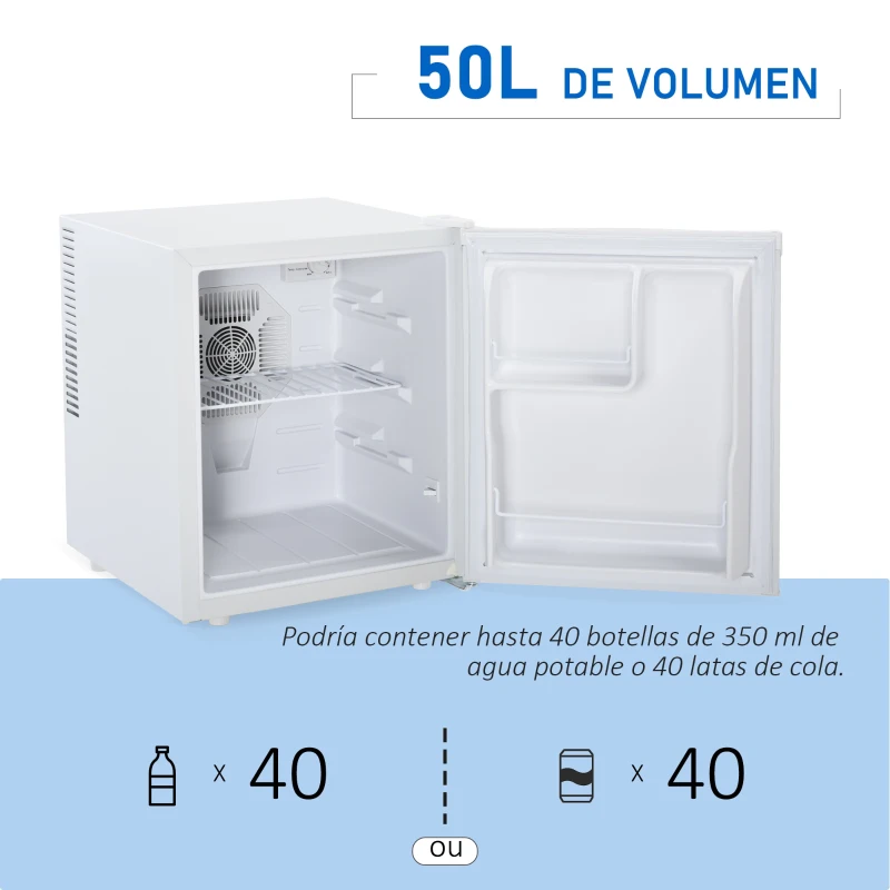 HOMCOM Mini Frigorífico Volumen 50 L con Luz LED Estante Extraíble Ajustable de 3 Niveles Ruido Mínimo 43x48x51 cm Blanco