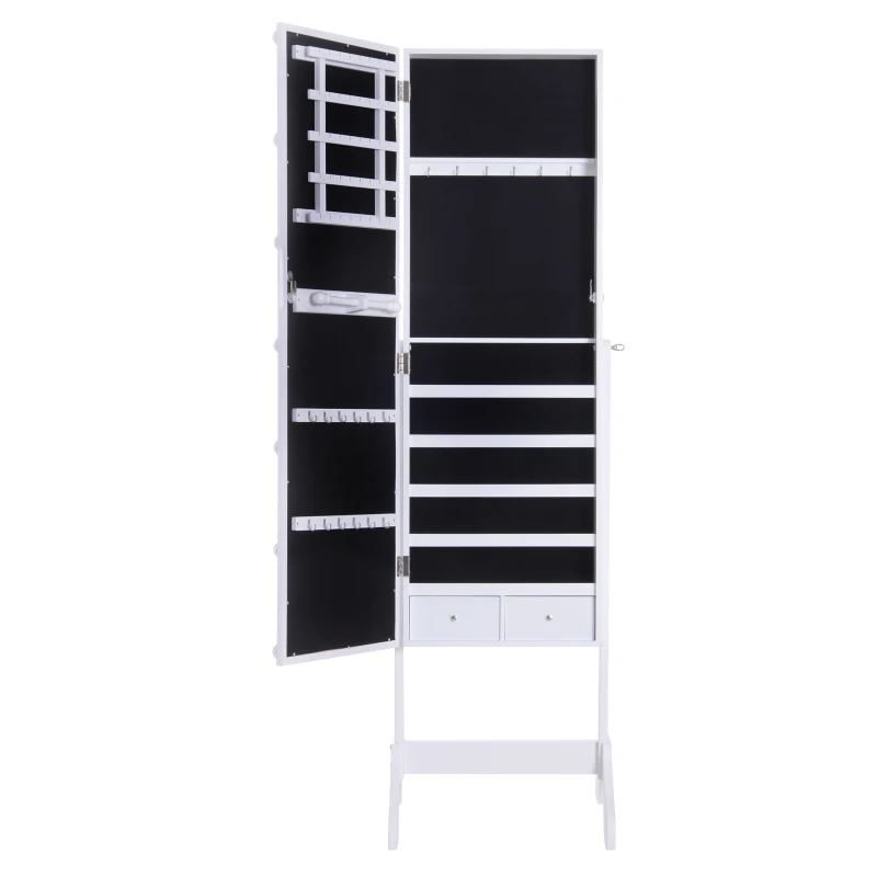 HOMCOM Joyero de Pie con Espejo Armario para Joyas 16 Luces LED Reclinable Guardajoyas Anillos Pendientes Collares Cerradura Madera 49x40x157.5cm Blanco