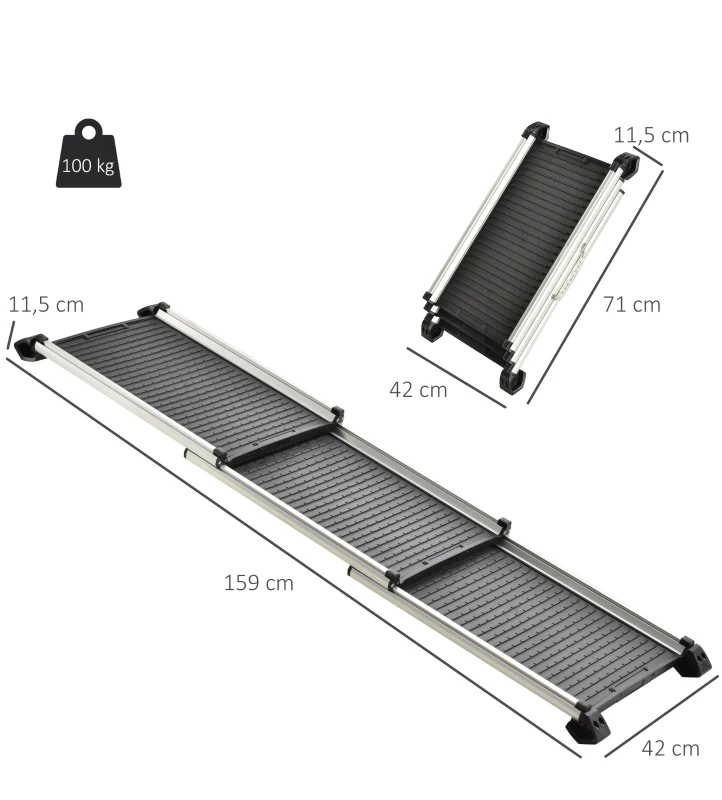 PawHut Rampa para Mascotas Plegable de Aleación de Aluminio con Superficie Antideslizante Rieles Laterales y Asa Fácil Transporte Carga Máx. 100 kg 159x42x11,5 cm Negro