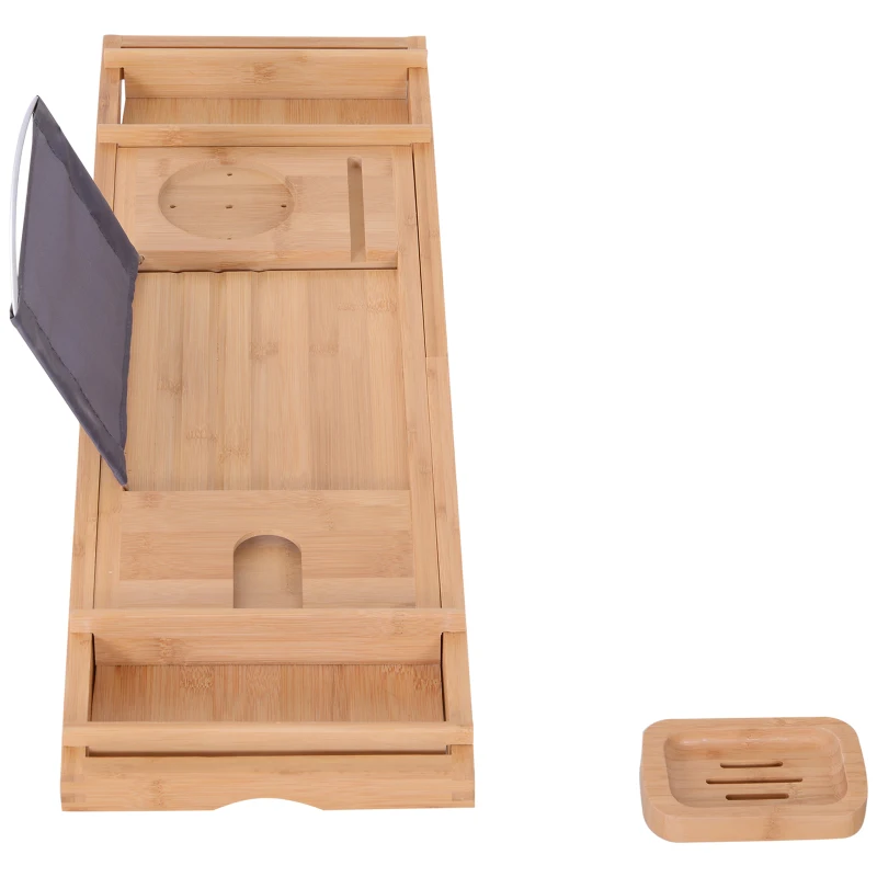 kleankin Bandeja de Baño Bañera de Bambú Extensible con Jabonera Toallero Soporte para Copa de Vino Soporte de Tableta Teléfono Libros 73.5-108x23x6cm