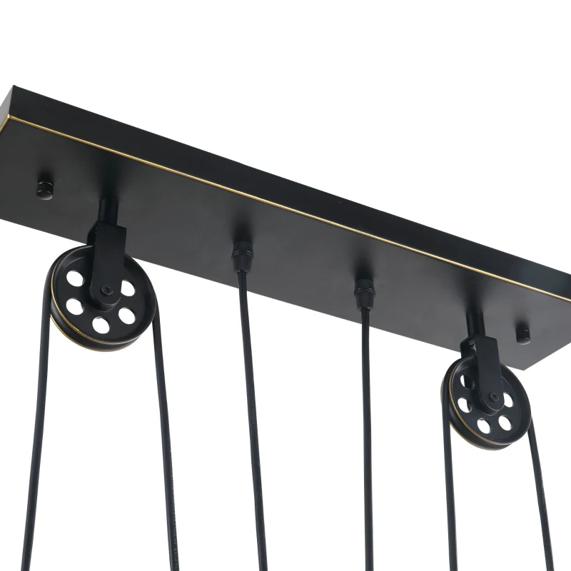 HOMCOM Lámpara Colgante de Estilo Industrial Lámpara de Techo Retro con Poleas Bola de Contrapeso Altura Ajustable 3 Portalámparas Convencionales 90x22x89-180 cm Negro