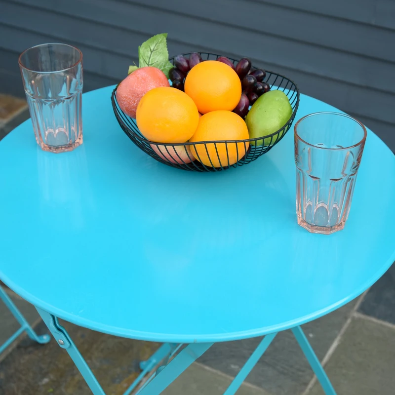 Outsunny Conjunto Muebles Plegables de Jardín de 3 piezas Mesa y 2 Sillas de Metal para Balcón Terraza Exteriores Ø60x71 cm Azul