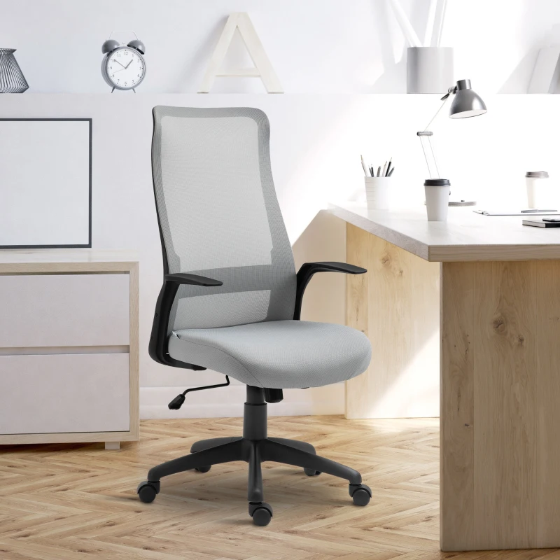Vinsetto Silla de Oficina Ergonómica Silla Escritorio Giratoria con Altura Ajustable Reposabrazos Soporte Lumbar y Respaldo Alto Transpirable 62x62x113-122 cm Gris