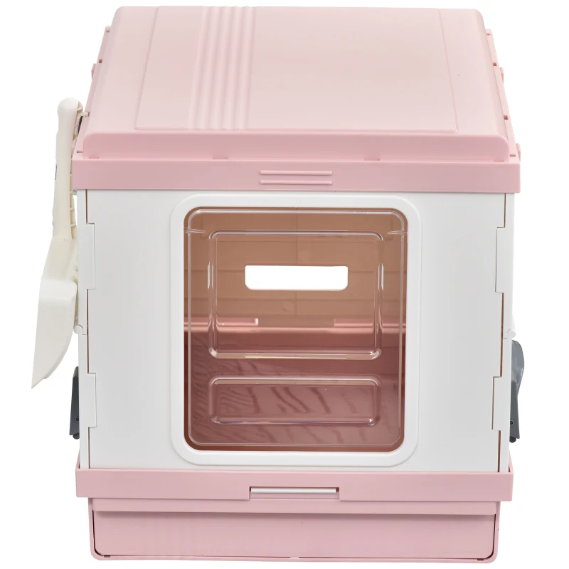 PawHut Caja de Arena para Gatos Plegable Arenero Portátil Aseo Quita Mal Olor con Manija Puerta Orificio de Ventilación Bandeja Material ABS 54x43x42 cm Blanco y Rosa