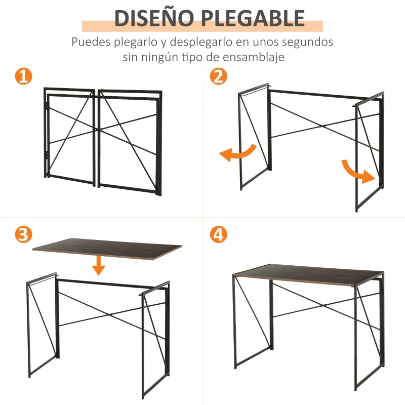 HOMCOM Mesa de Ordenador Escritorio de Oficina con Marco Metálico Plegable en Forma de X Estable Diseño Industrial 100x50x72,5 cm Marrón Rústico