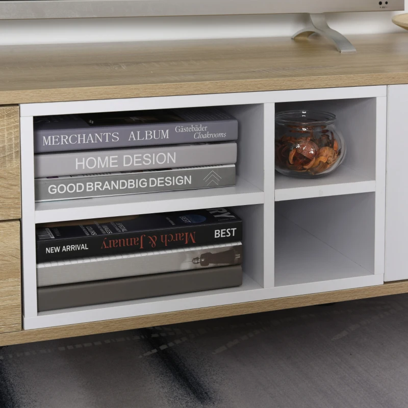 HOMCOM Armario para TV Moderno Soporte de Televisión Estilo Actual con 2 Cajones 4 Estantes 1 Armario con Puerta y 5 Compartimentos Abiertos y Pasacables 150x40x38 cm Blanco y Roble