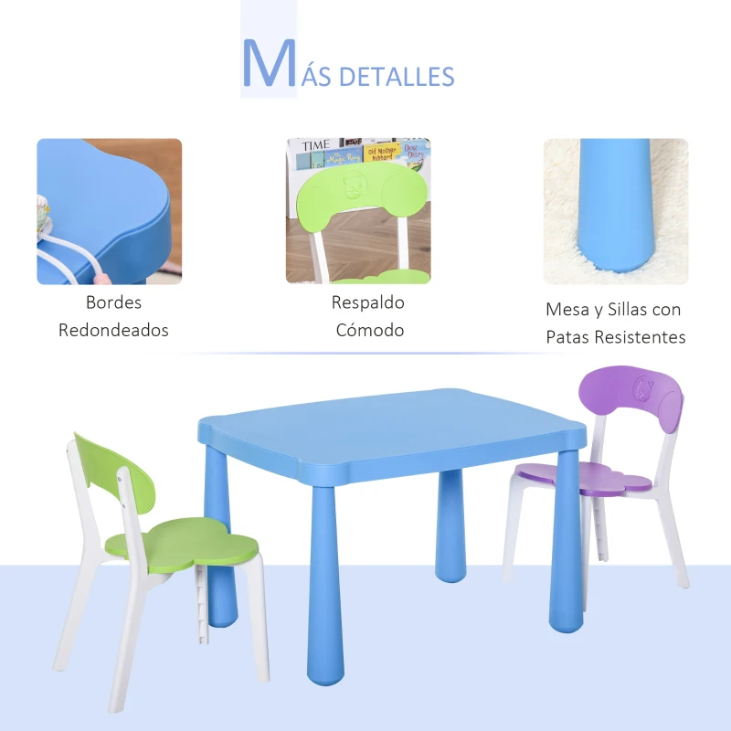 HOMCOM Juego Infantil de Mesa y 2 Sillas de Actividad con Respaldo y Cantos de Pulido Redondo para Niños de +2 Años Diseño Ergonómico 76,5x54,5x49,5 cm Multicolor