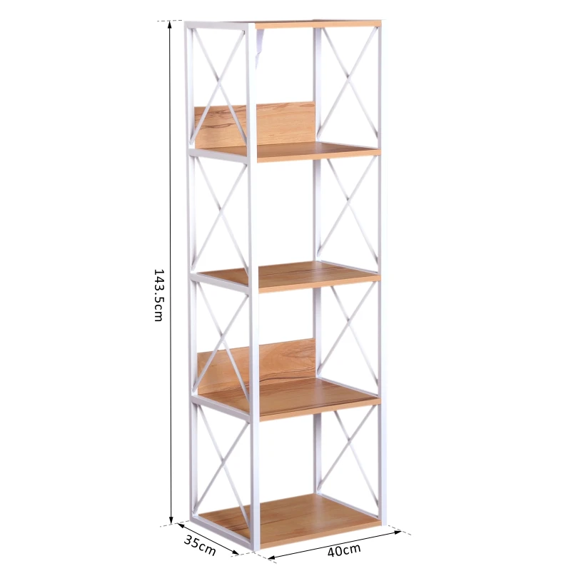 HOMCOM 5 Niveles Estantería de Madera para Baño Salón Multifuncional Librería Organizador Marco Acero Estante de Almacenamiento 40x35x143.5cm
