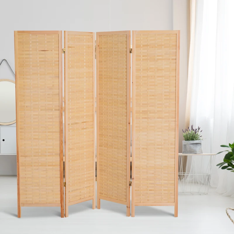 HOMCOM Biombo Separador de Madera Mimbre 4 Paneles Separador de Ambientes Divisor de Habitaciones Dormitorio 180x2x180cm