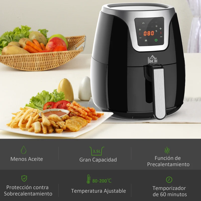 HOMCOM Freidora sin Aceite 3.5 L Freidora de Aire Inteligente 1500W con Pantalla LED Táctil 7 Programas Temporizador Temperatura Ajustable y Apagado Automático 34,4x28,1x30,6 cm Negro