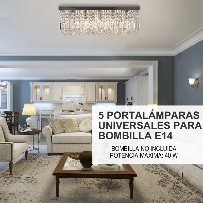 HOMCOM Lámpara de Techo de Cristal K9 5 Luces Max. 40W para Dormitorio Sala de Estar Comedor Moderna y Elegante 80x25x23 cm Plata