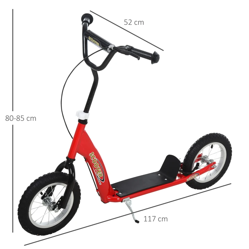 HOMCOM Patinete para Niños Mayores de 5 Años Scooter 2 Neumáticos Inflables de Caucho con Frenos Manillar Ajustable 117x52x80-85 cm Rojo