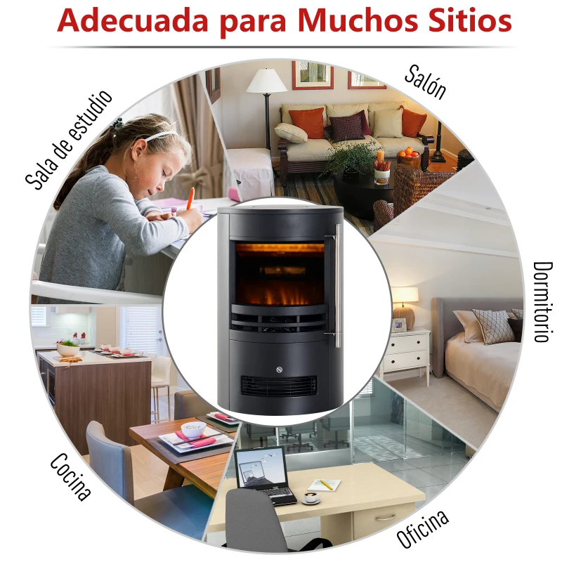 HOMCOM Chimenea Eléctrica Móvil Calefactor Estufa Eléctrica con Termostato 900W/1800W Efecto Fuego LED Temperatura Ajustable 41x41x64.5cm Acero