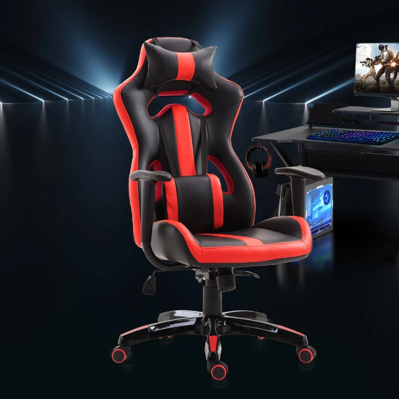 HOMCOM Silla Gaming Profesional Silla de Juego Oficina Ergonómica Estilo Deportivo Giratorio Reposacabezas y Cojín Lumbar Reclinable Altura Ajustable Cuero Sintético PU