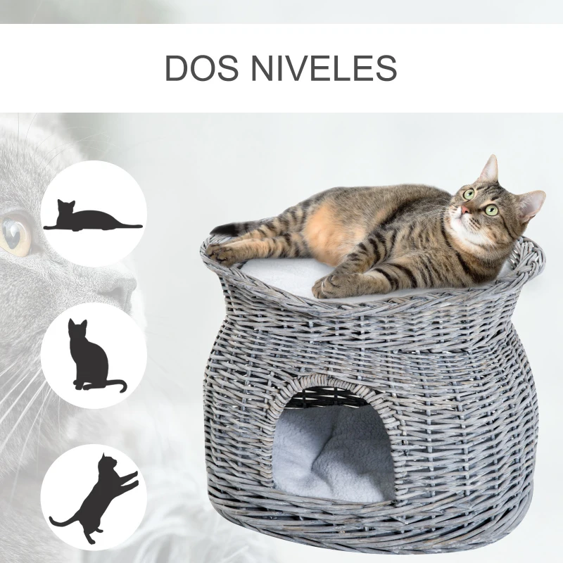 PawHut Cesta de Mimbre para Gatos de 2 Alturas con Cama y Cueva con Cojines Lavables 56x37x40 cm Gris