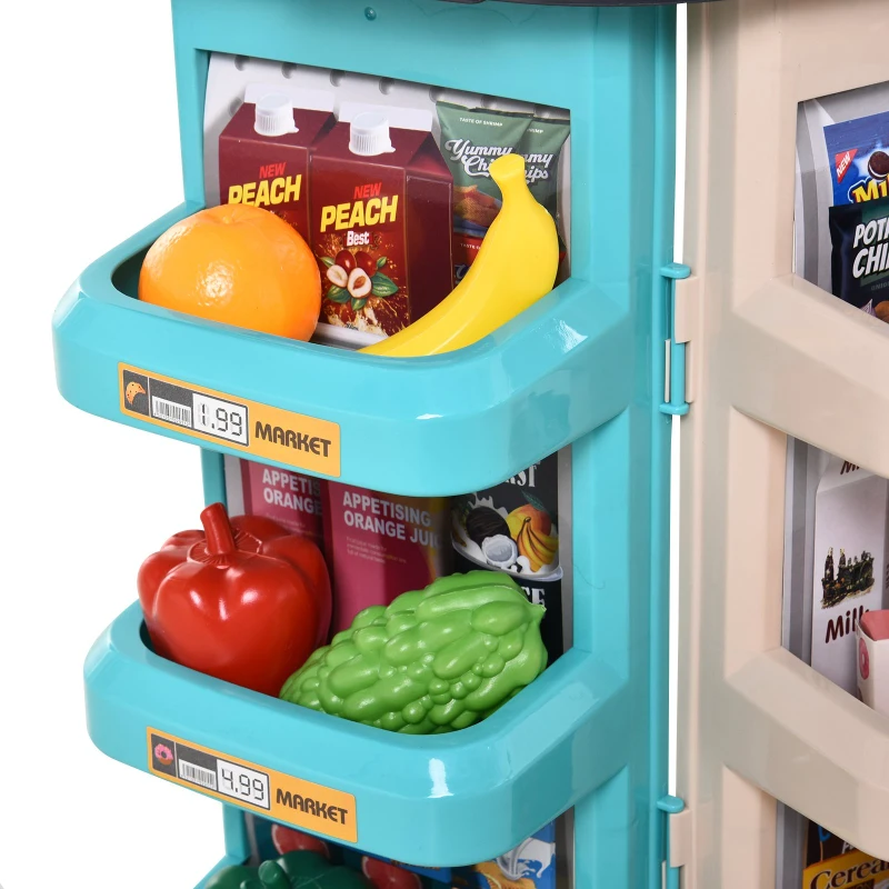 HOMCOM Juguetes de Supermercado para Niños de +3 Años Juego de Imitación de 52 Piezas con Carrito de Compra Sonido y Luz Lector de Tarjetas de Crédito 53x34x79cm Verde