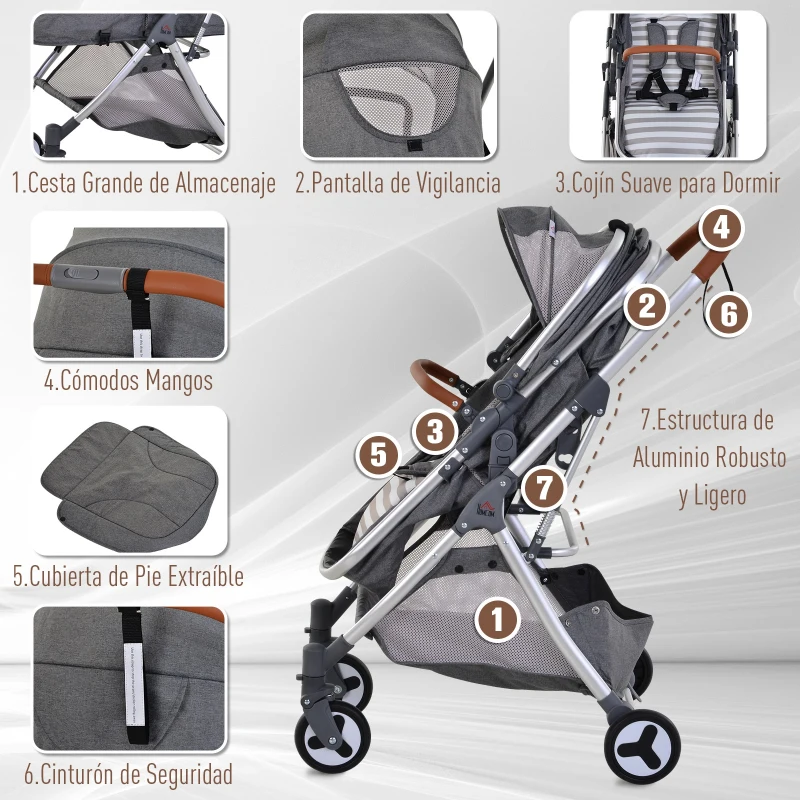 Cochecito Bebé Plegable Portátil Carrito Estable Ligero 4 Ruedas con Bloqueos Capota Ajustable Asiento Regulable Bolsa de Almacenaje en Inferior Gris 86.5x55x100cm 0-36 meses