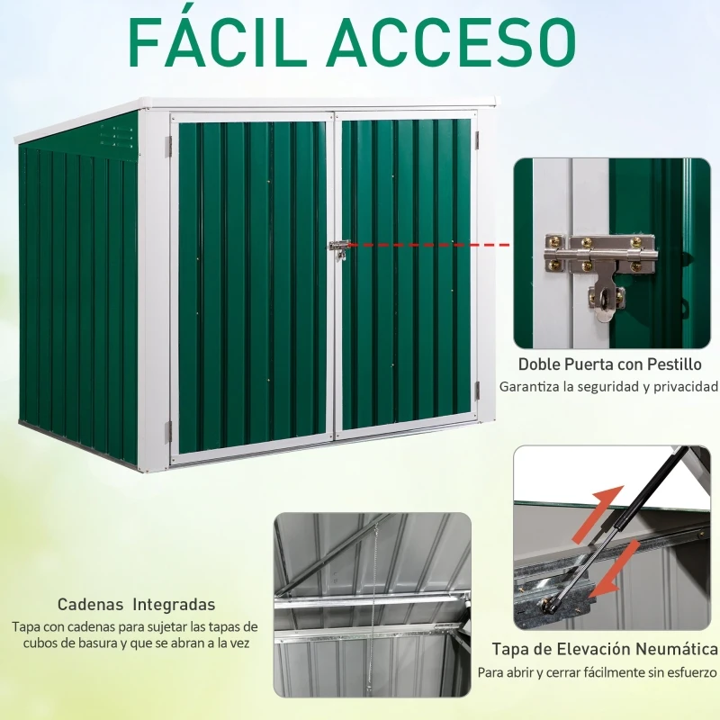 Outsunny Cobertizo de Jardín Exterior para 2 Contenedores de Basura Caseta de Herramientas con Tapa de Elevación Neumática Acero 173x100x134/114 cm Verde