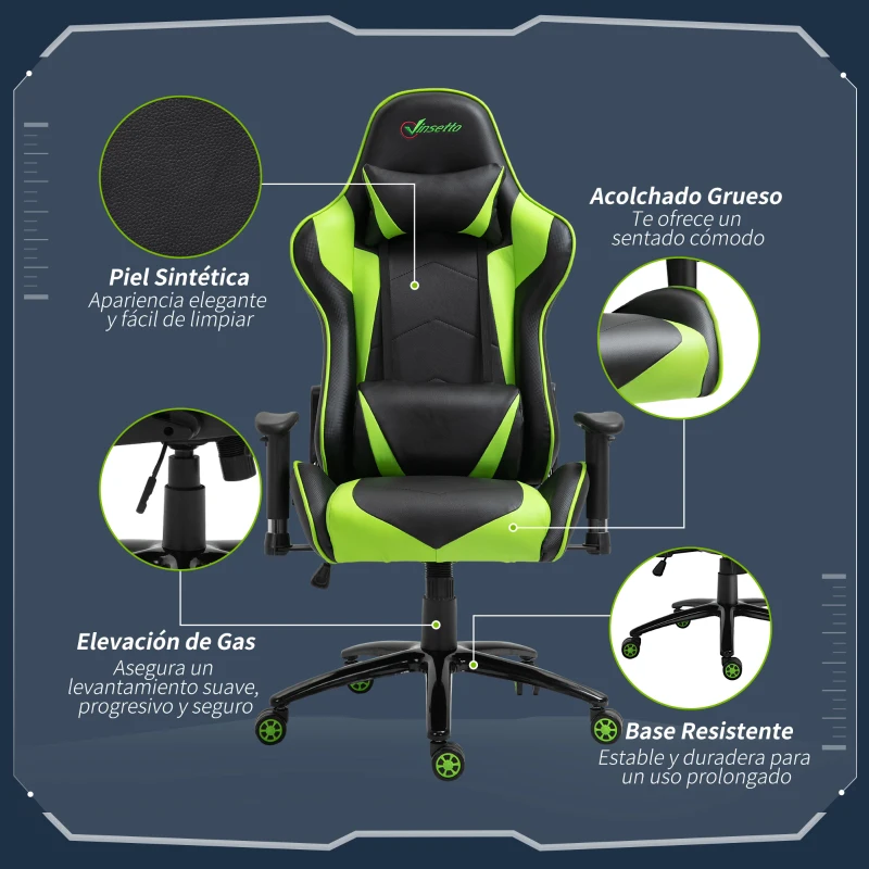 Vinsetto Silla Gaming Giratoria Silla Gamer Reclinable Tapizado en Cuero Sintético Altura Ajustable 73x71x128-136 cm Verde