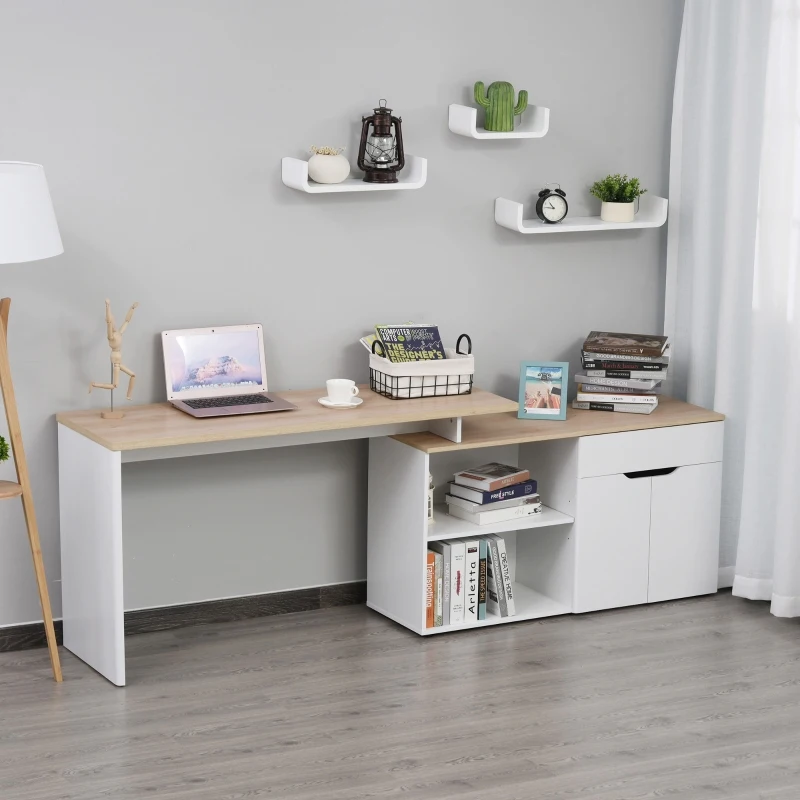HOMCOM Mesa Escritorio Múltiples Posiciones Mesa de Ordenador Esquinera Forma de L con Cajón Estantes Abiertos Armario 140x117x76 cm Blanco y Madera