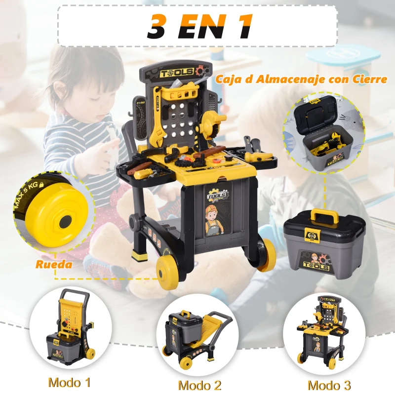 HOMCOM Banco de Herramientas Diseño 3 en 1 para Niños Mayores de 3 Años Juego de Imitación Infantil 60 Piezas 59,7x47x42,5 cm Amarillo y Negro