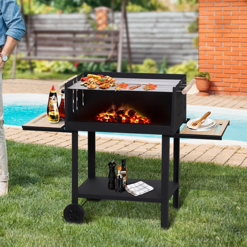 Outsunny Barbacoa de Carbón BBQ Vegetal Altura de Parrillas Ajustables Parrillas Asador de Jardín Exterior con Ruedas Facil Mover Estantes de Madera para Picnic Acampada 138x52.5x101cm