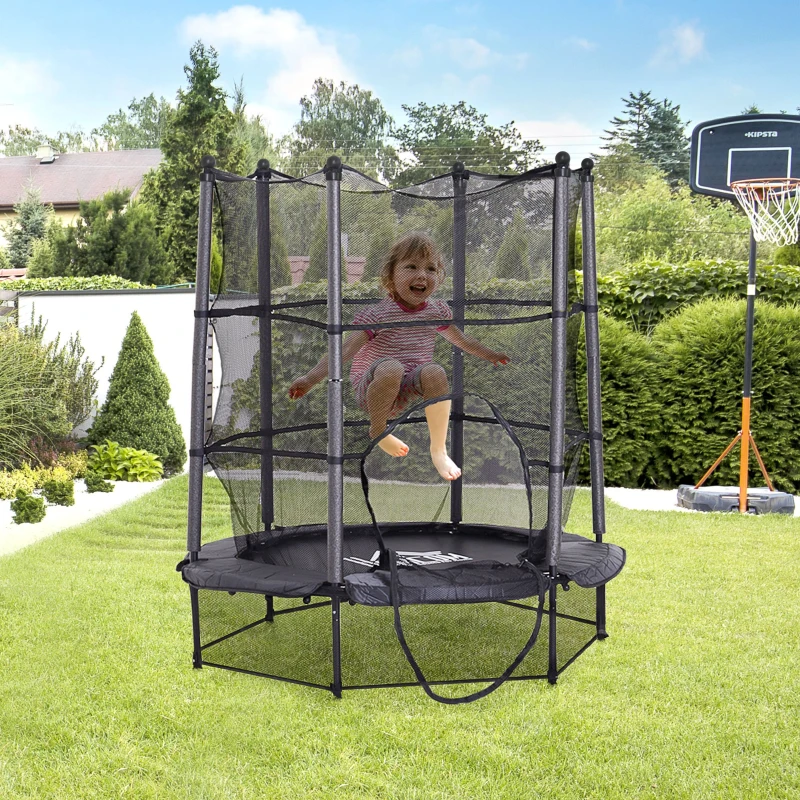 HOMCOM Cama Elástica Infantil Trampolín para Niños con Red Protectora Puerta con Cremallera +3 Años para Interiores y Exteriores Marco Acero 140x140x158 cm Negro