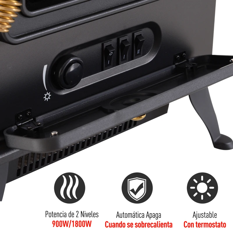 HOMCOM Chimenea Eléctrica Móvil Calefactor Estufa Eléctrica con Termostato 900W/1800W Efecto Fuego LED Temperatura Ajustable 41.5x28x54cm Acero