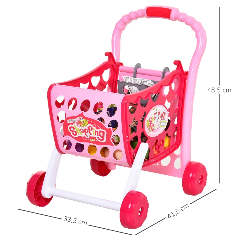 HOMCOM Set de Carrito de Compras para Niños Mayores de 3 Años Juego de Roles Educativo Juguete Infantil con 38 Piezas 41,5x33,5x48,5 cm Rosa