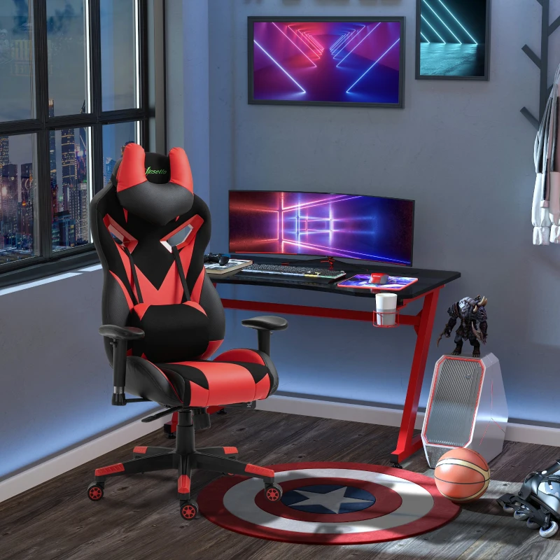 Vinsetto Silla Gaming Ergonómica Silla de Escritorio de Oficina Giratoria con Altura Ajustable Reclinable de 135° Reposabrazos Regulable Reposacabezas y Lumbar Extraíbles 70x71x125-133 cm Rojo