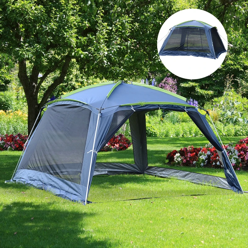 Outsunny Carpa tipo Avancé Plegable para Camping - Azul Oscuro - Tela Oxford 210D - 365x365x220cm