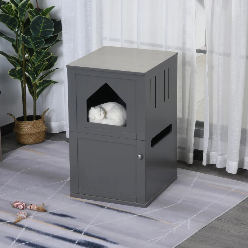 PawHut Double-Decker Cat Litter Box 2 Story Pet Crate Luxury Toilet House, Grey