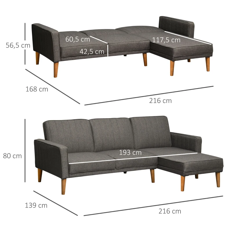 HOMCOM Sofá Cama en Forma de L Tapizada con Chaise Longue Derecho y Respaldos Ajustables por Separado en 3 Posiciones 216x139x80 cm Gris