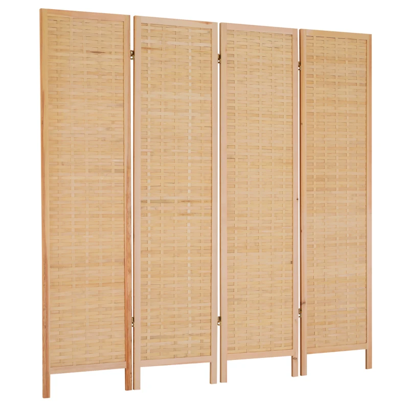 HOMCOM Biombo Separador de Madera Mimbre 4 Paneles Separador de Ambientes Divisor de Habitaciones Dormitorio 180x2x180cm