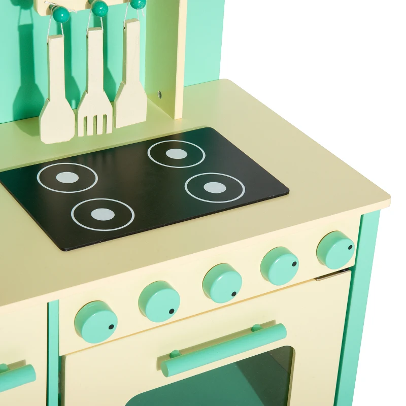 HOMCOM Cocinita de Juguete de Madera con 12 Accesorios 70x30x88cm para Niños + 3 Años Color Verde