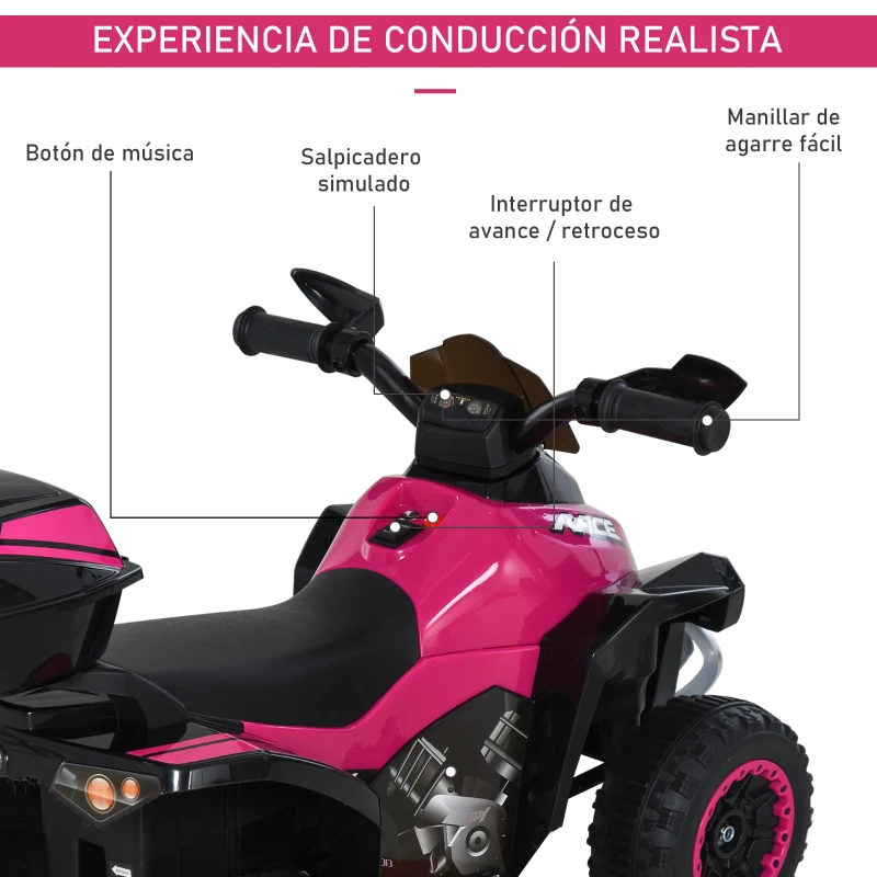 HOMCOM Quad Eléctrico ATV Cuatrimoto con Faros Música y Caja de Almacenaje para Niños de +18 Meses Batería 6V Recargable 78,5x40,5x46 cm