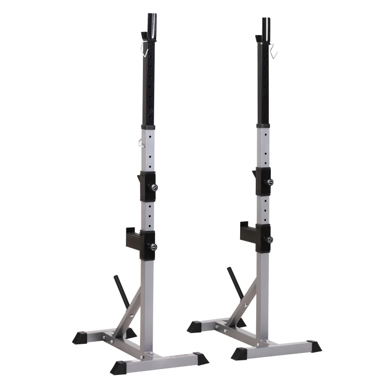 HOMCOM Soporte para Barras de Pesas Ajustable Estante Multifuncional 2 Piezas de Acero Carga 200 kg Entrenamiento para Gimnasio Casa 105x71x135-190 cm Plata y Negro