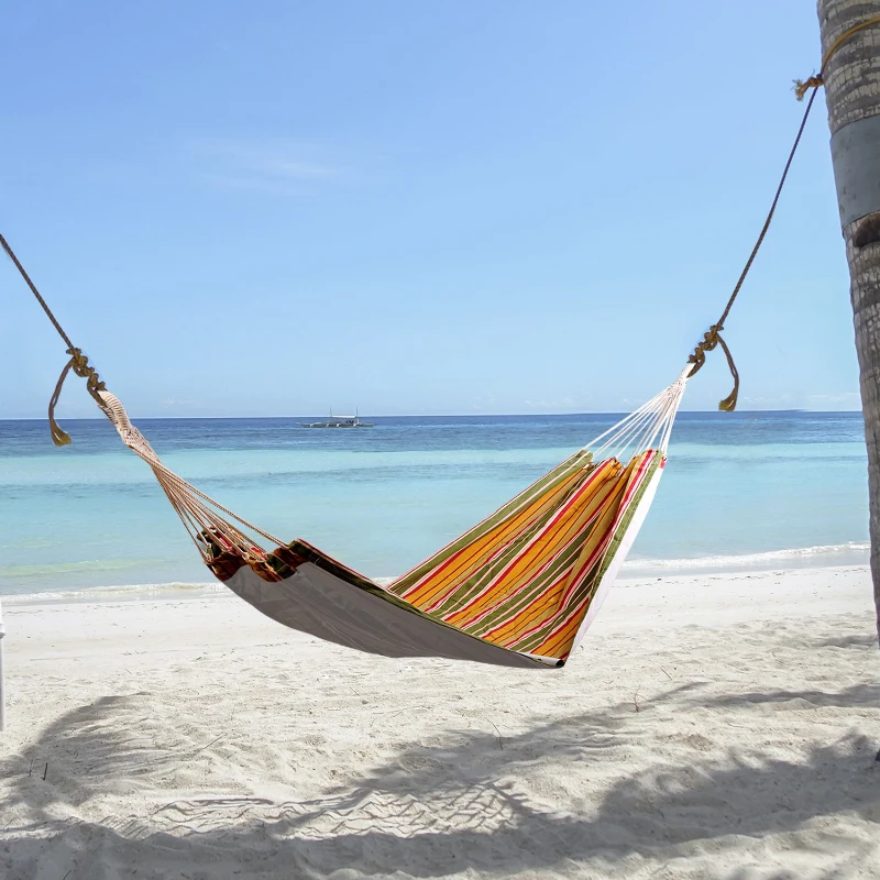 Outsunny Hamaca de Algodón para Jardín 200x100 cm Hamaca Colgante Portátil Carga Máx. 150 kg para Acampar Piscina Camping Rayas Amarillo