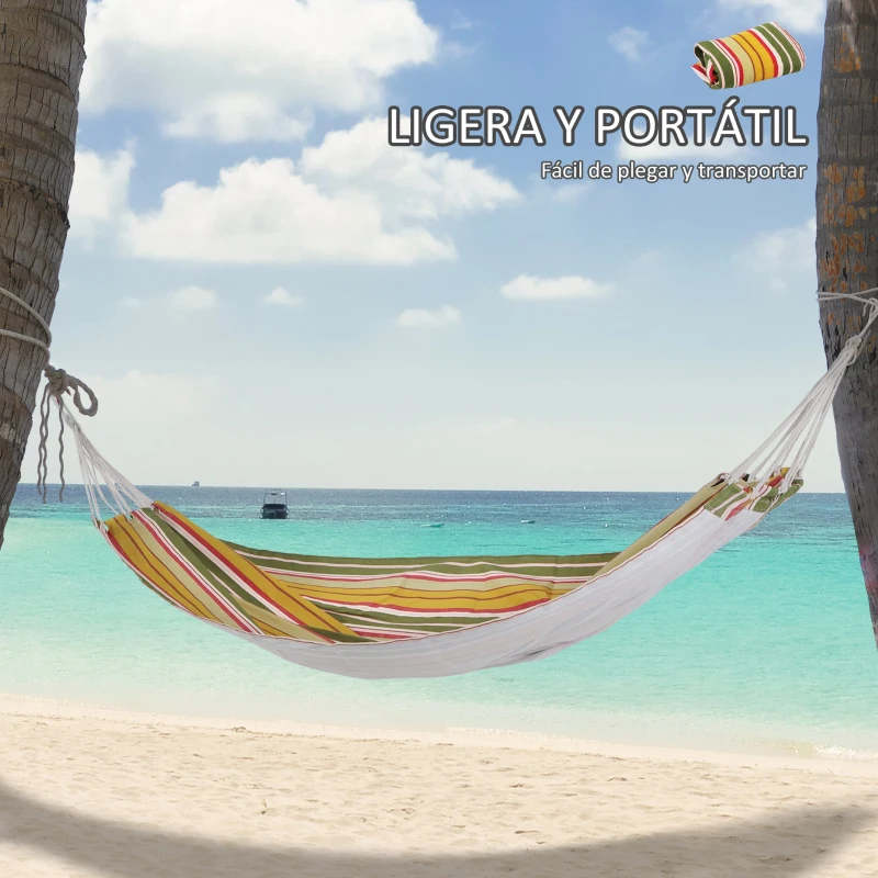 Outsunny Hamaca de Algodón para Jardín 200x100 cm Hamaca Colgante Portátil Carga Máx. 150 kg para Acampar Piscina Camping Rayas Amarillo