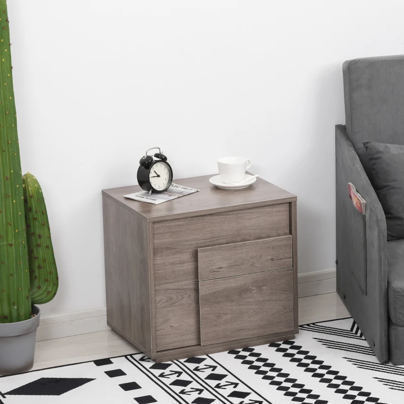 HOMCOM Mesita de Noche Mesa Auxiliar con 2 Cajones Mueble Mesilla Cajonera Moderna Multifuncional para Dormitorio 48x36x44,5 cm Roble