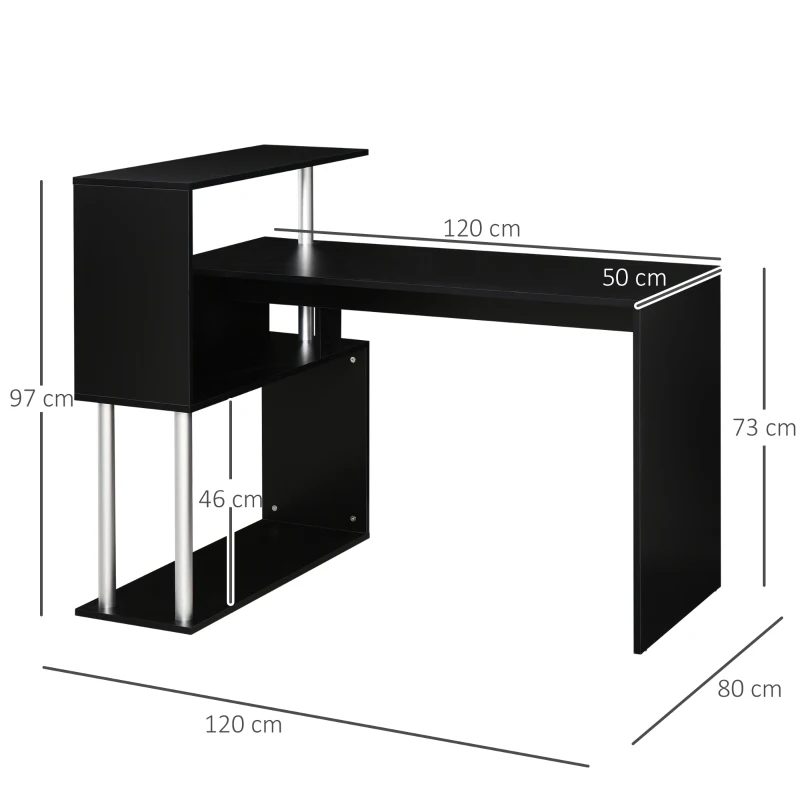 HOMCOM Escritorio de Esquina en Forma de L Mesa de Ordenador con Estantes de 3 Niveles de Almacenaje para Oficina o Estudio 120x80x97 cm Negro