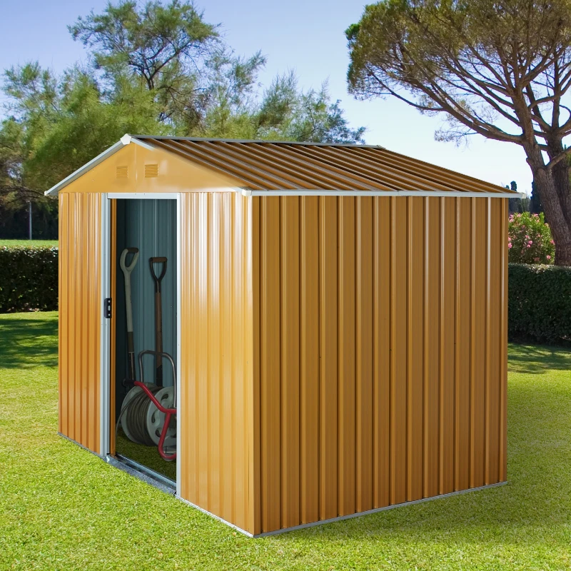 Outsunny Caseta de Jardín Exterior 3,6 m² 236x174x190 cm Cobertizo de Jardín Exterior con 2 Puertas Correderas Techo Inclinado y 4 Ventanas para Patio Terraza Amarillo Mostaza