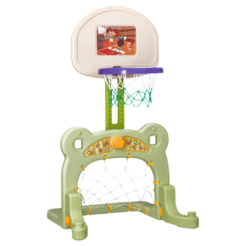 HOMCOM Juguete Deportivo Set de Deportes 2 en 1 Fútbol y Baloncesto Infantil para Niños 3-6 Años Portería y Canasta 2 Pelotas e Inflador Incluidos