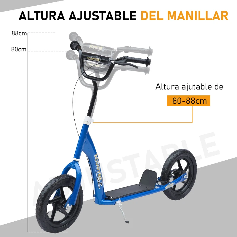 HOMCOM Patinete Scooter 2 Ruedas 12 Pulgadas Monopatín para Niños y Adultos Manillar Ajustable con Freno y Caballete Carga 50 kg 120x52x80-88cm Acero